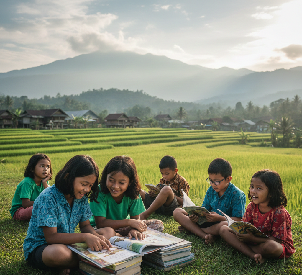 Ilustrasi anak-anak membaca buku. (Dibuat menggunakan AI)