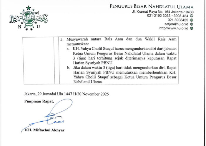 Tangkapan layar Surat Keputusan Rois Syuriah PBNU. - Istimewa