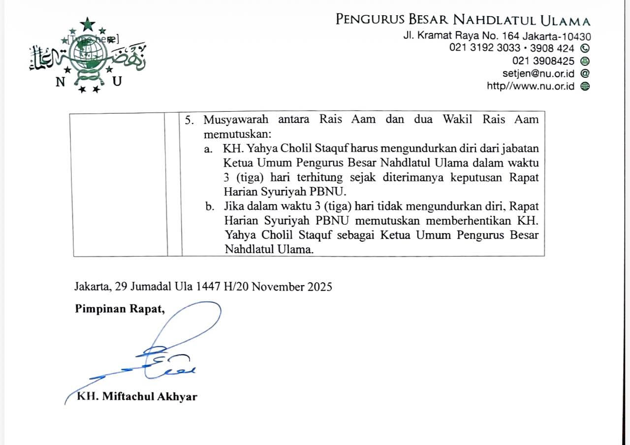 Tangkapan layar Surat Keputusan Rois Syuriah PBNU. - Istimewa