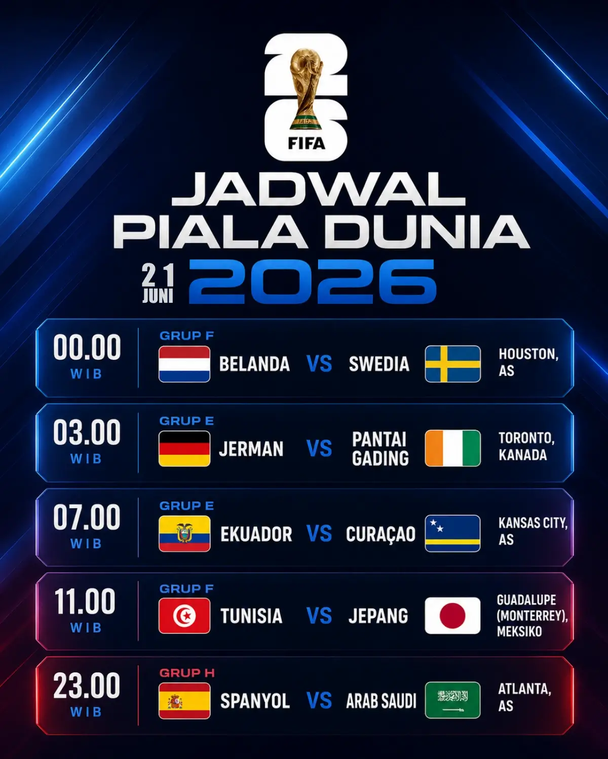 Jadwal Lengkap Piala Dunia Minggu, 21 Juni 2026