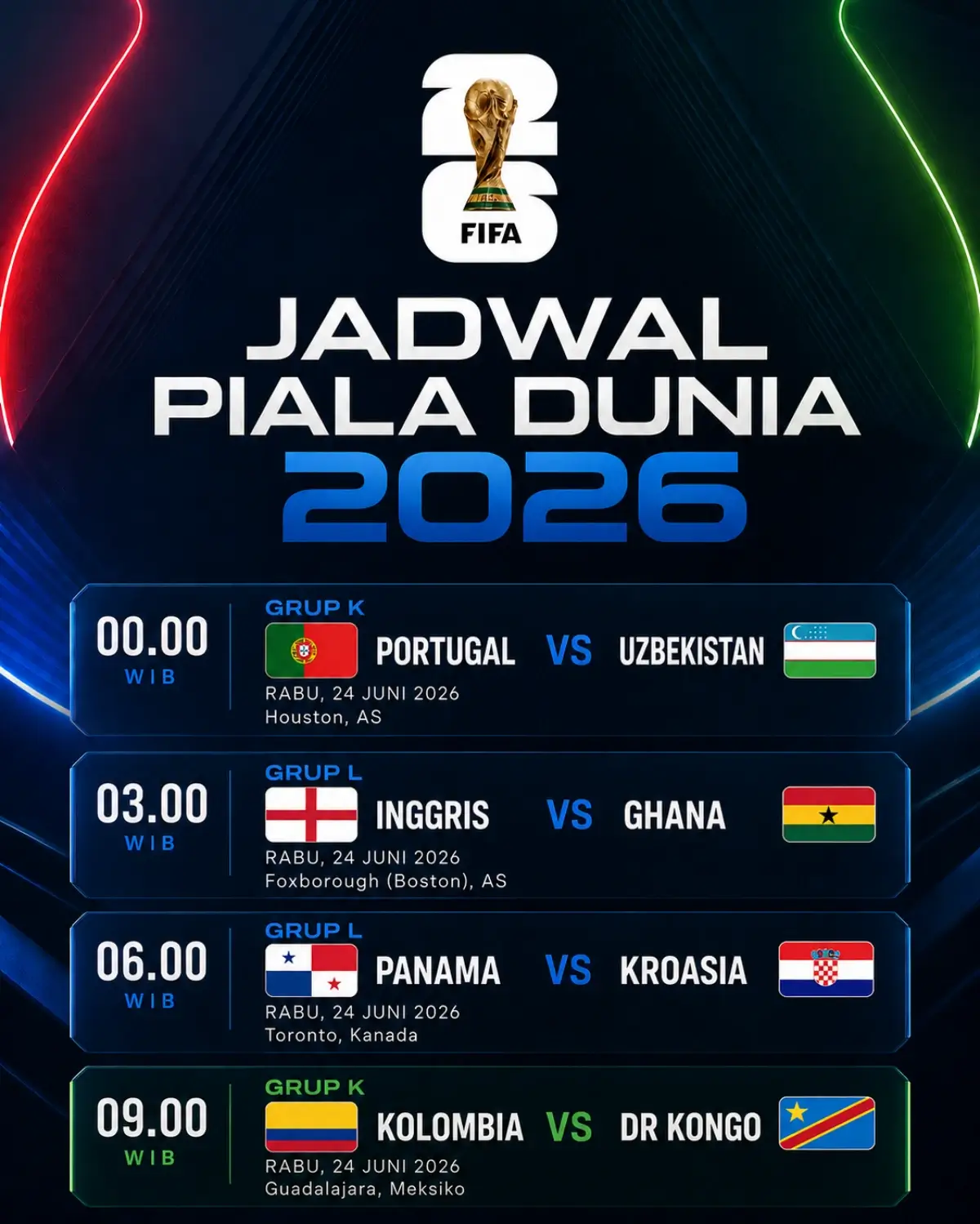 Jadwal Lengkap Piala Dunia Rabu, 24 Juni 2026
