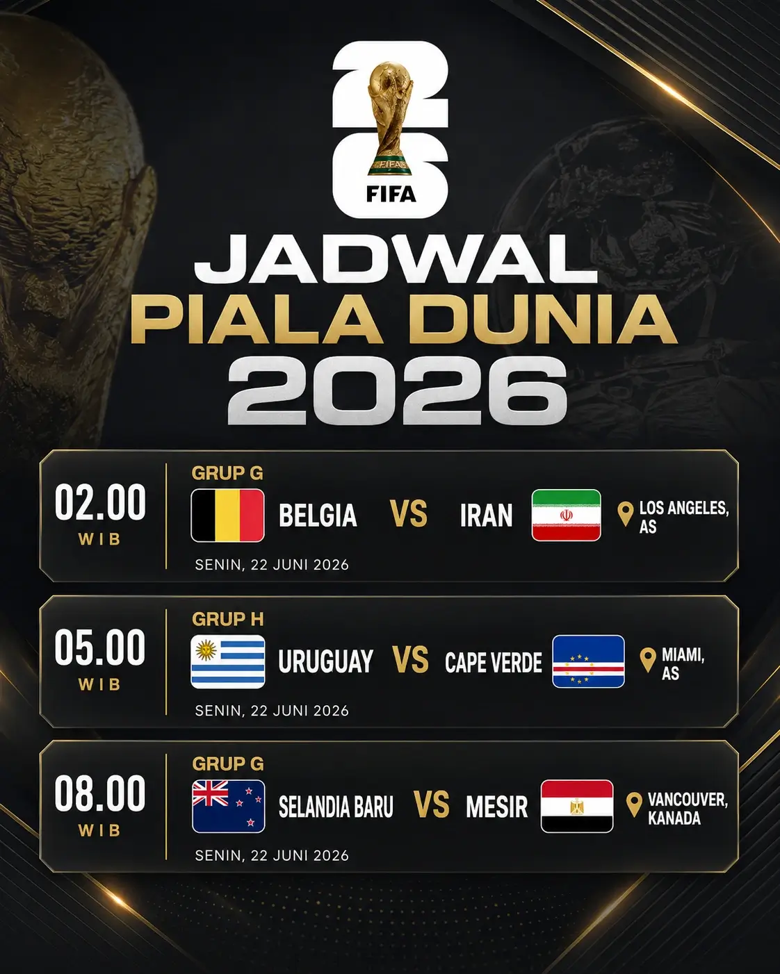 Jadwal Lengkap Piala Dunia Senin, 22 Juni 2026